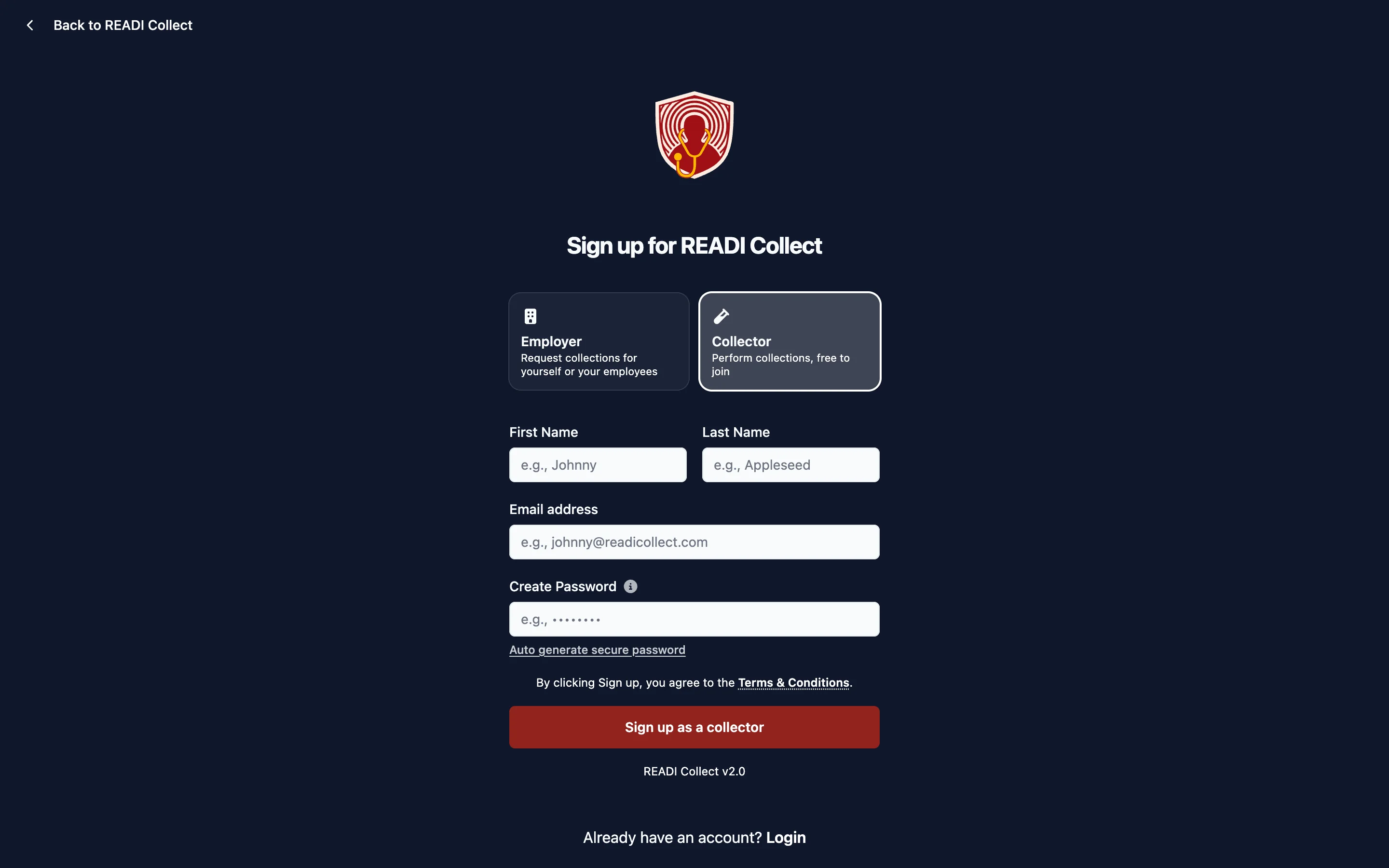 Check Collector is selected, then fill in your details
