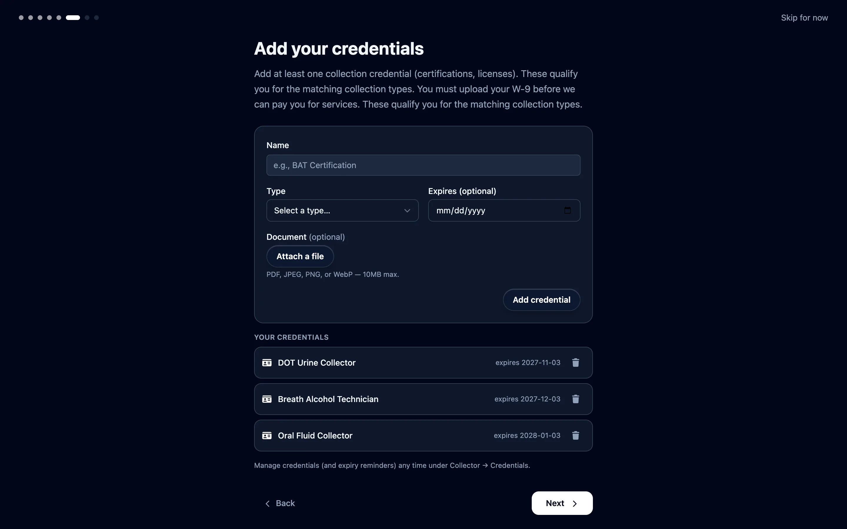 Add each credential you hold