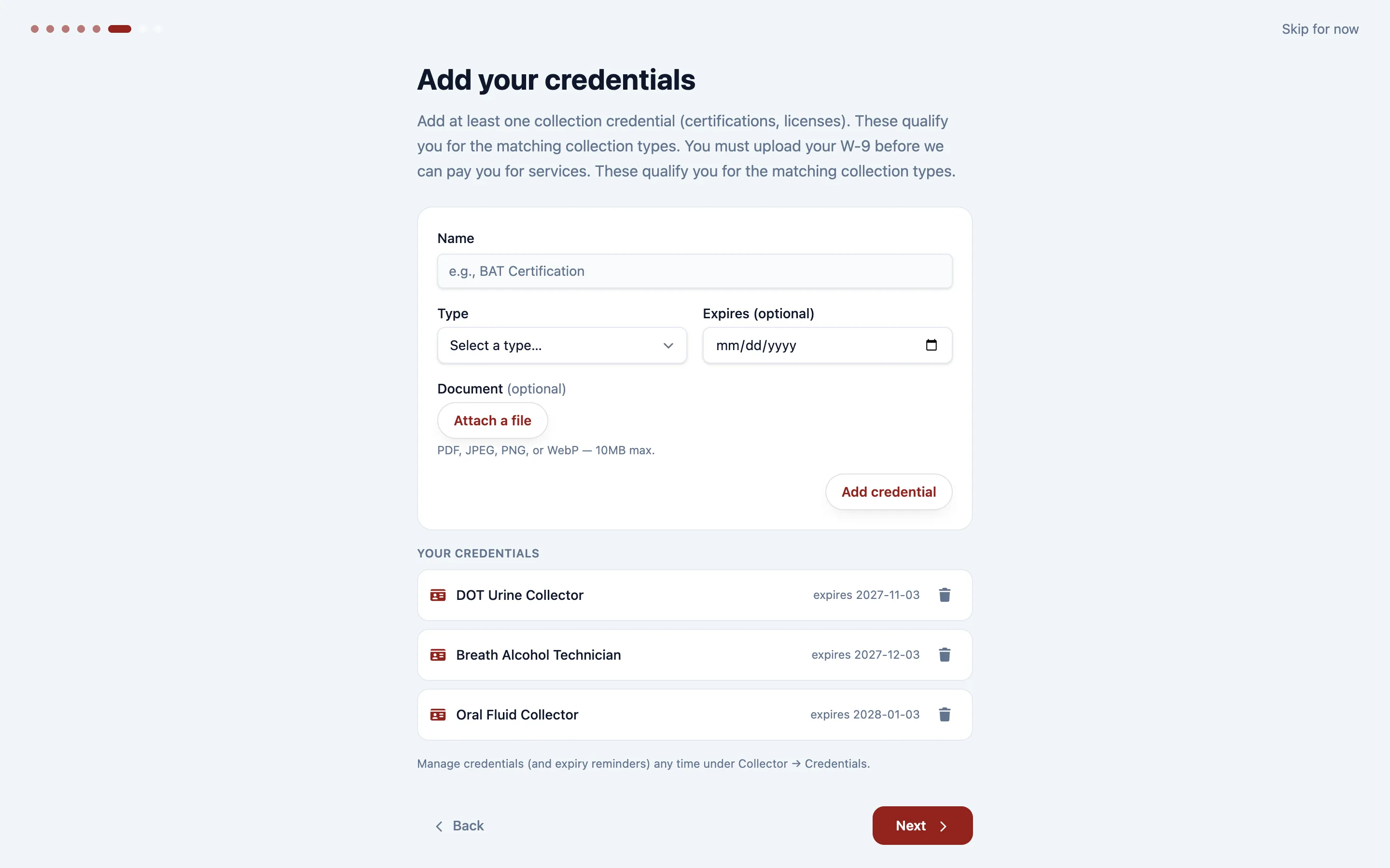 Add each credential you hold
