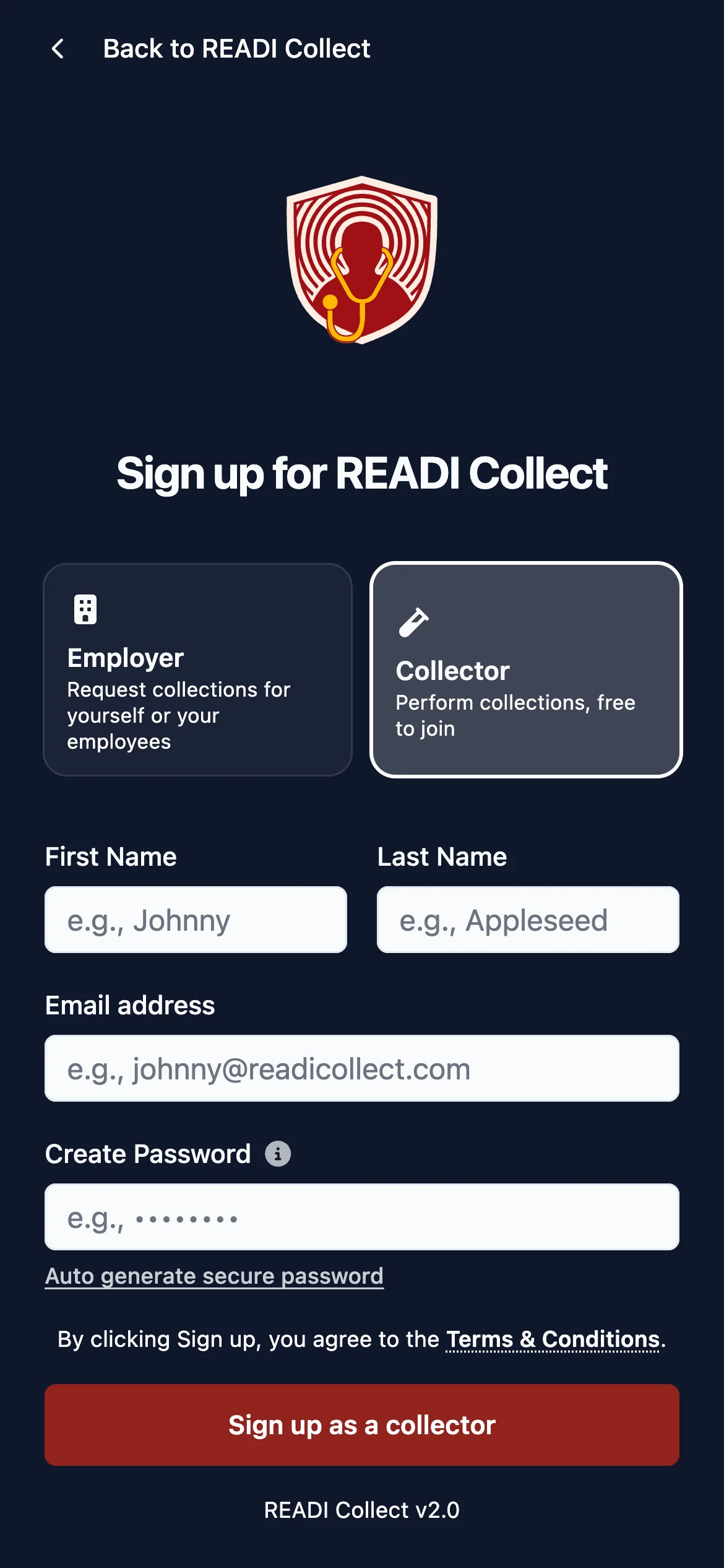 Check Collector is selected, then fill in your details