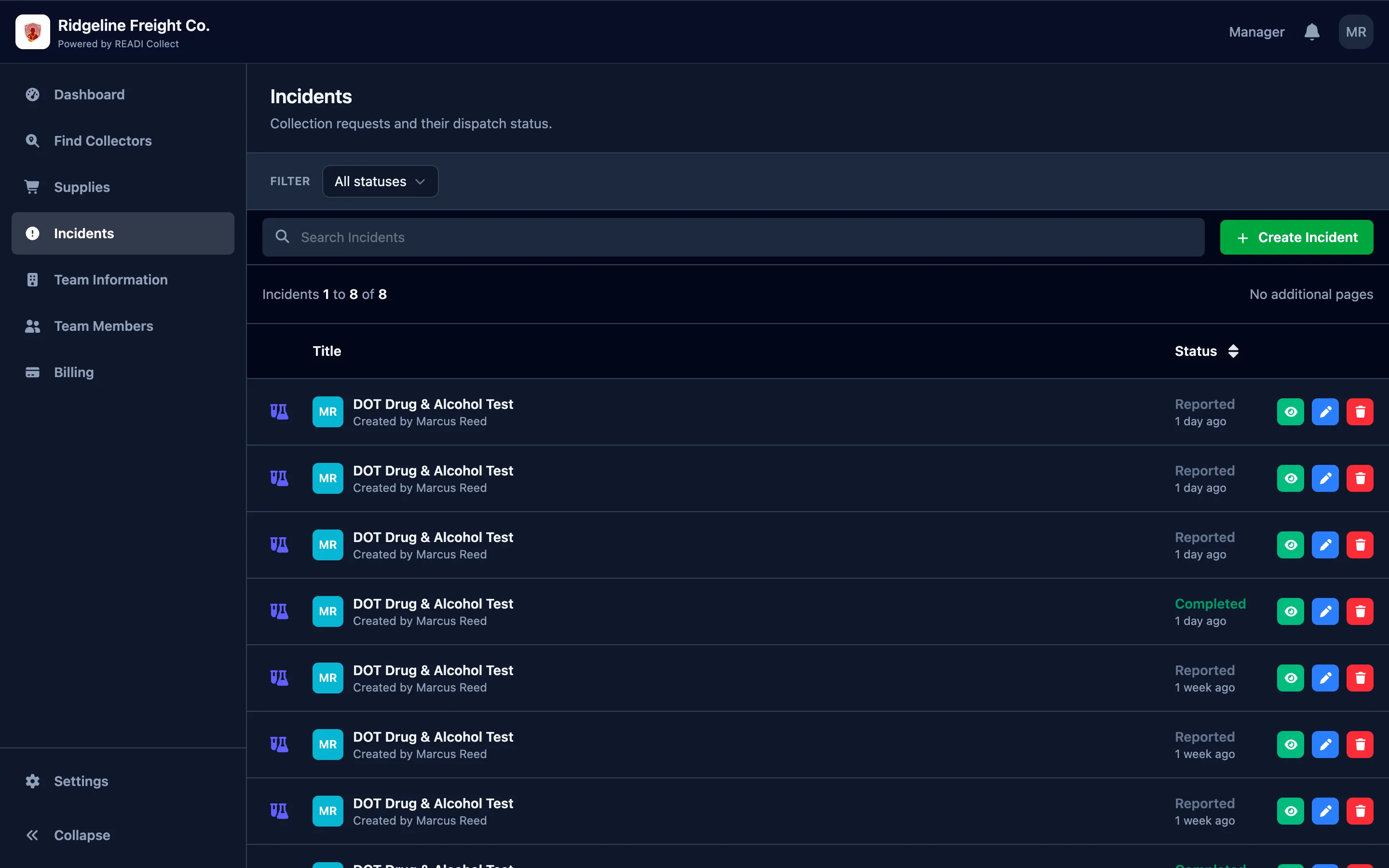 Click Incidents, then a row