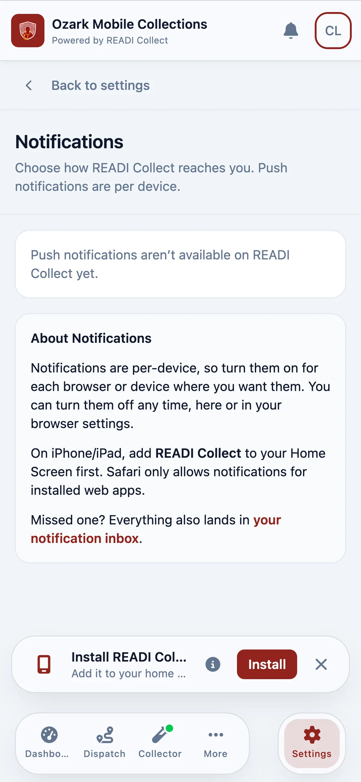 Check Settings, Notifications