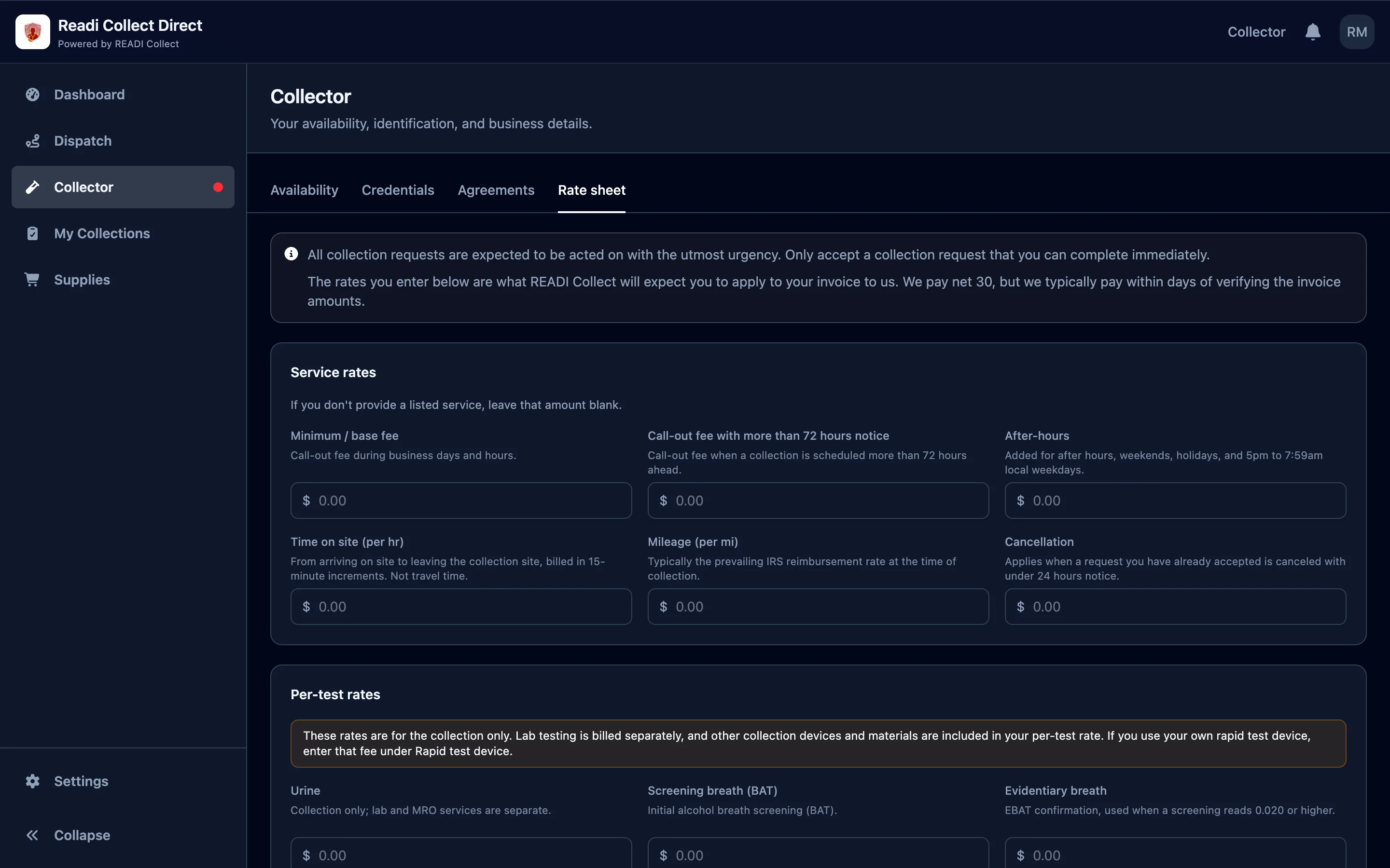 Read the two notes at the top, then fill in your service rates
