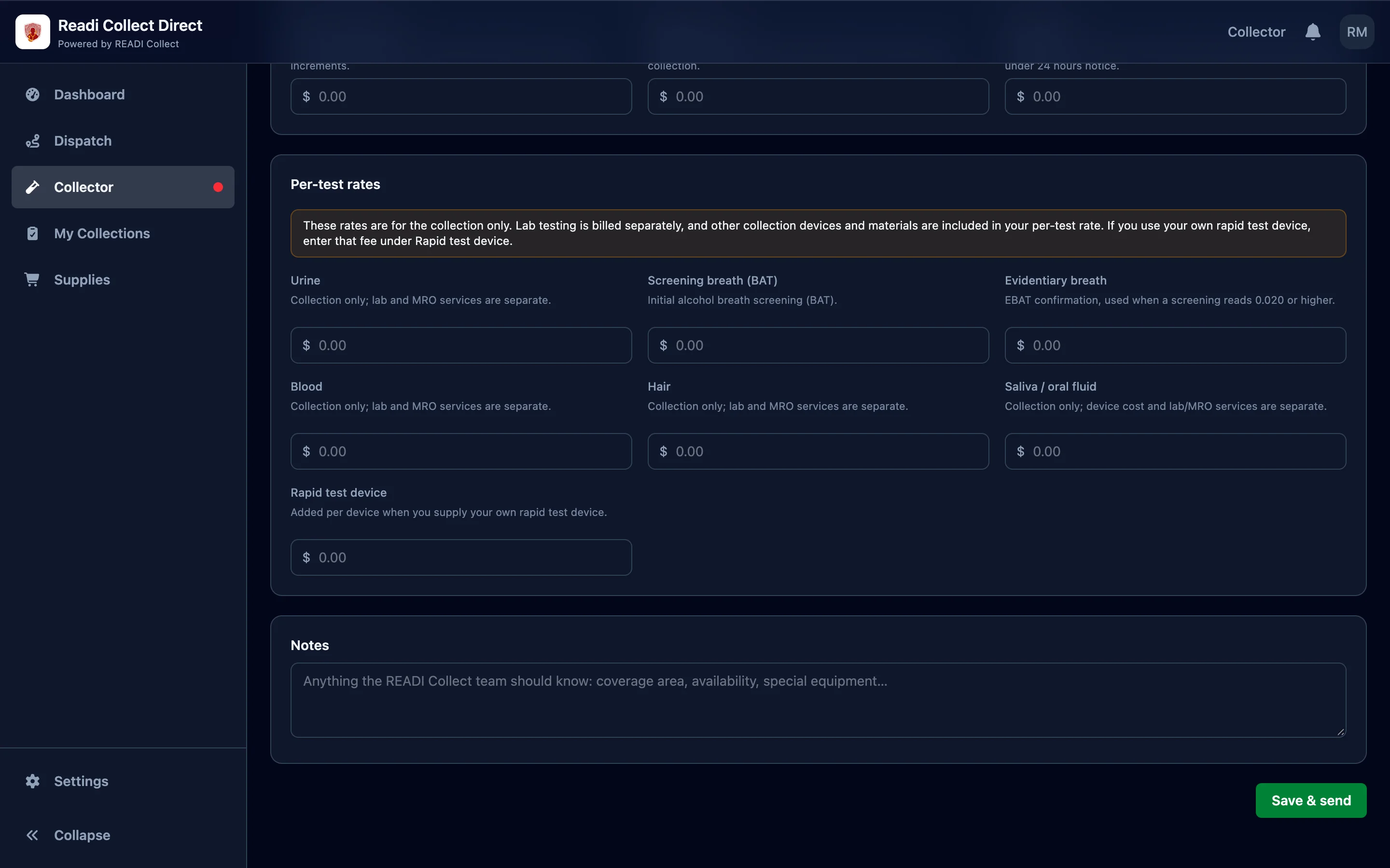 Enter a rate for each test you collect, then click Save