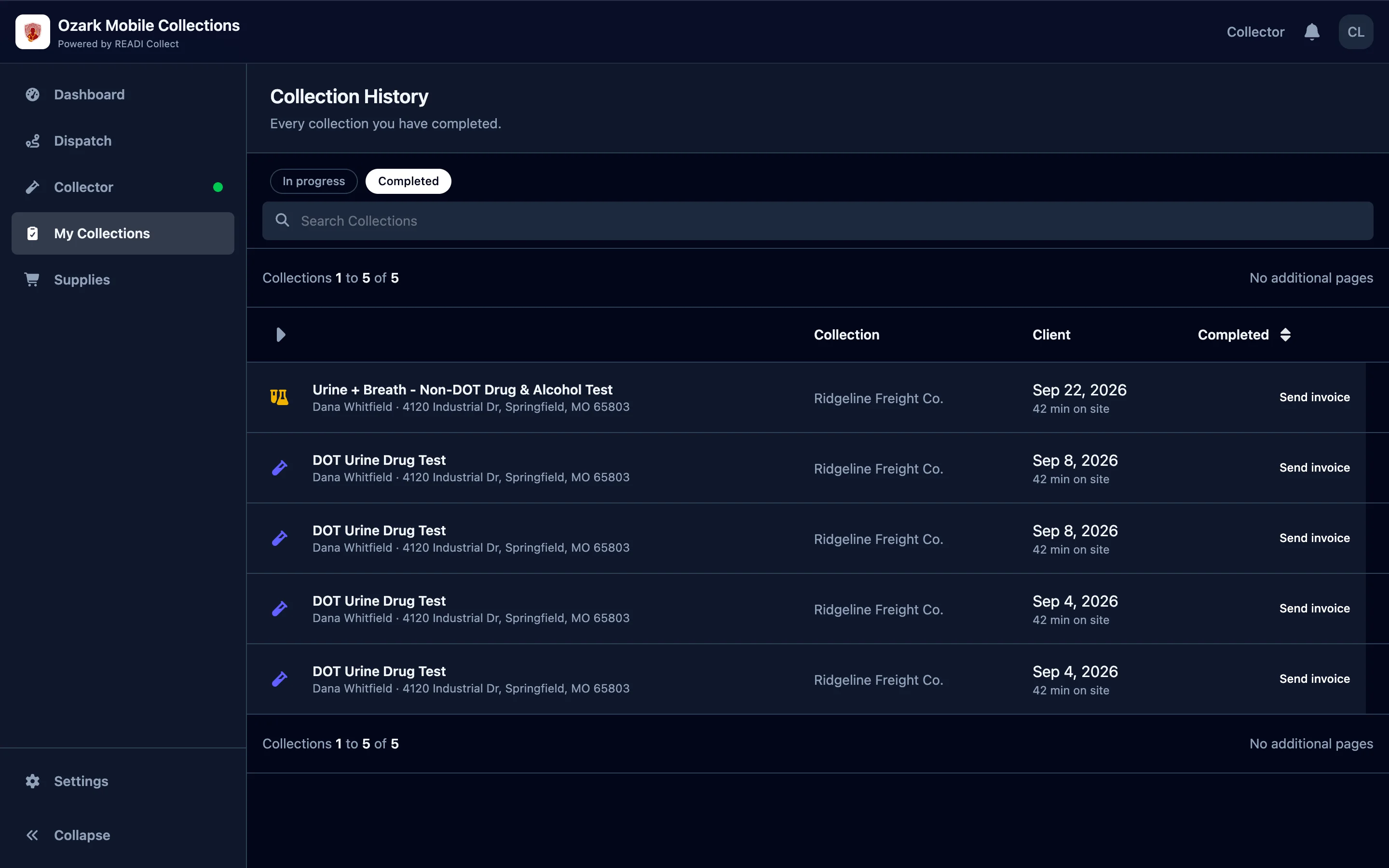Open Collection History, click Completed, then Send invoice