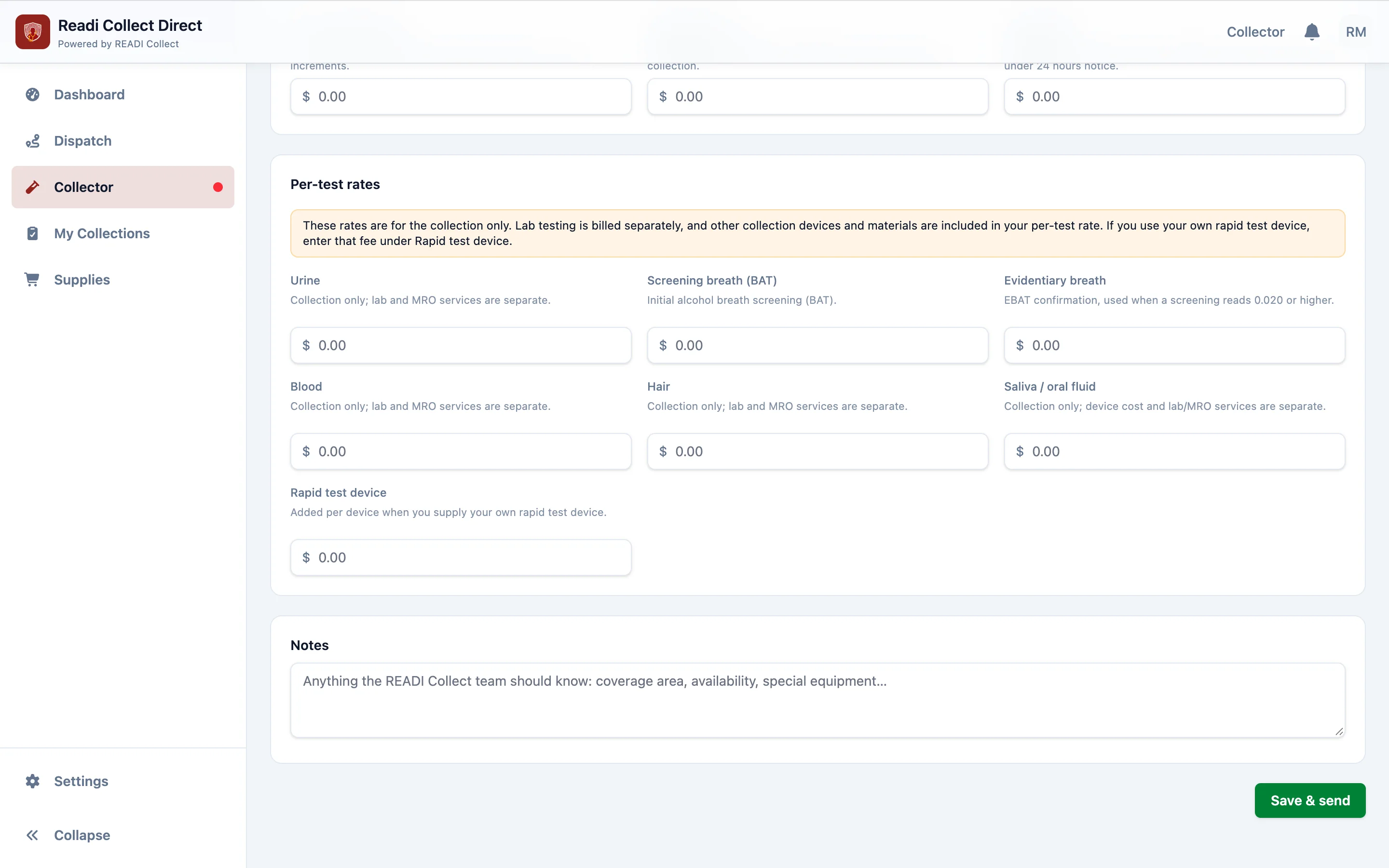 Enter a rate for each test you collect, then click Save
