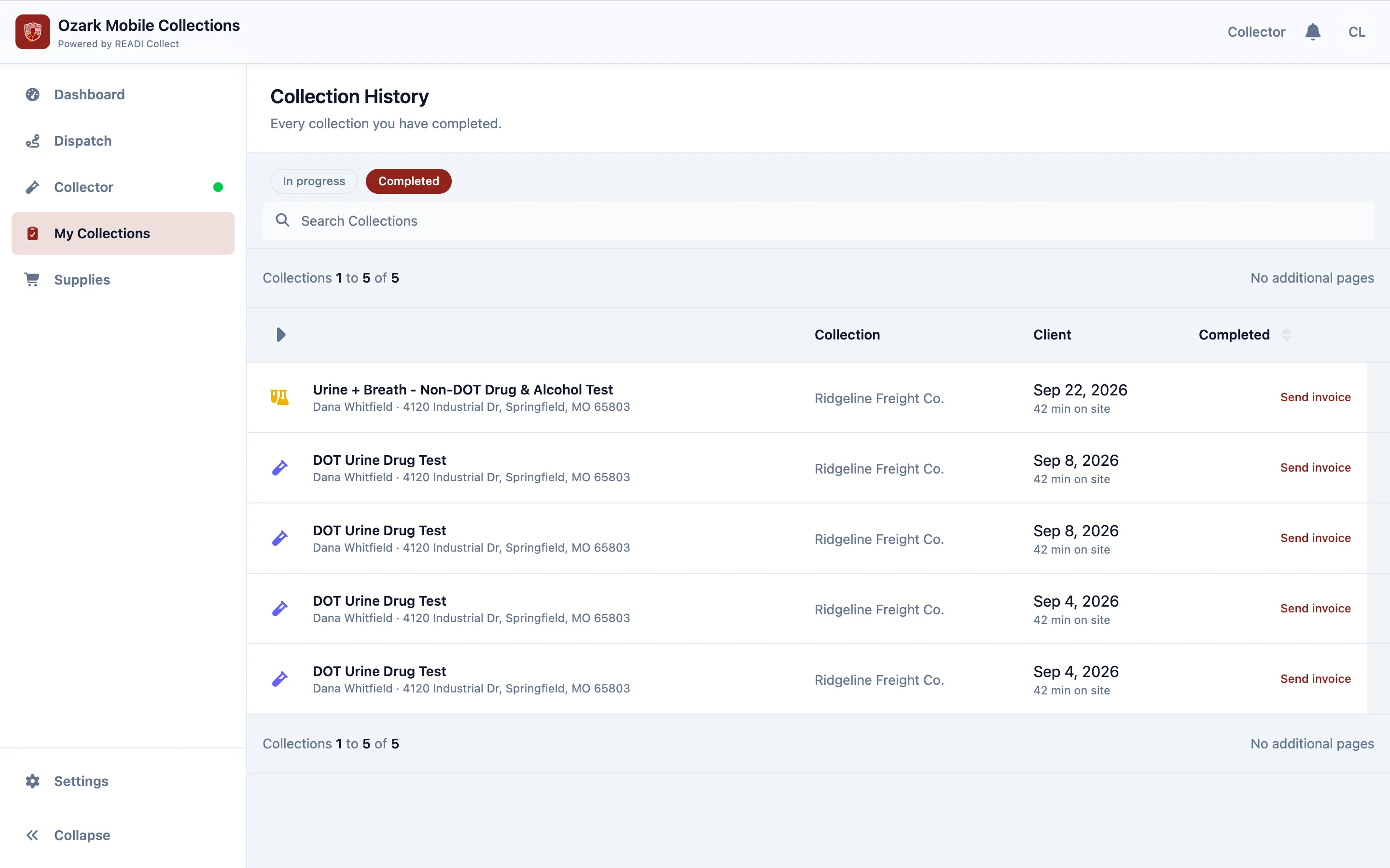 Open Collection History, click Completed, then Send invoice