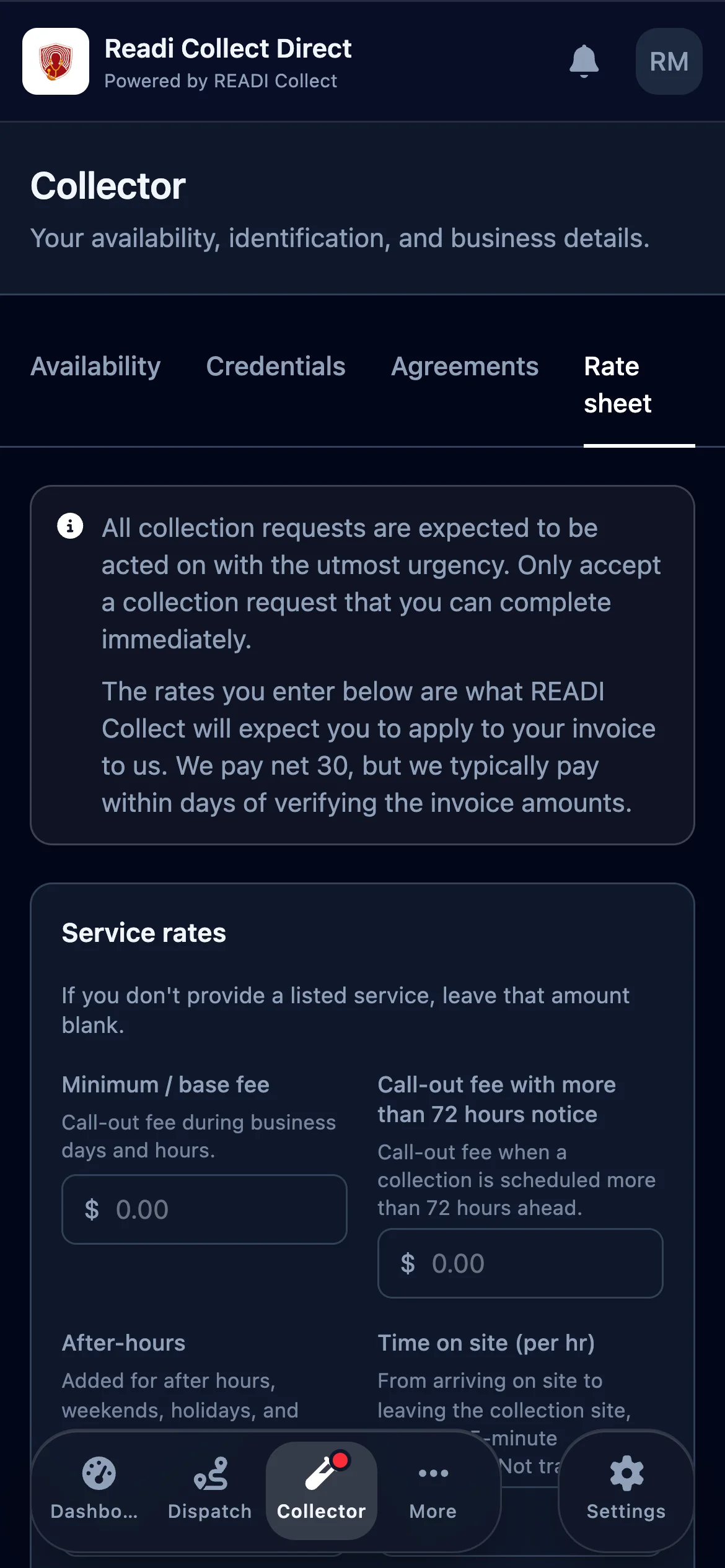 Read the two notes at the top, then fill in your service rates