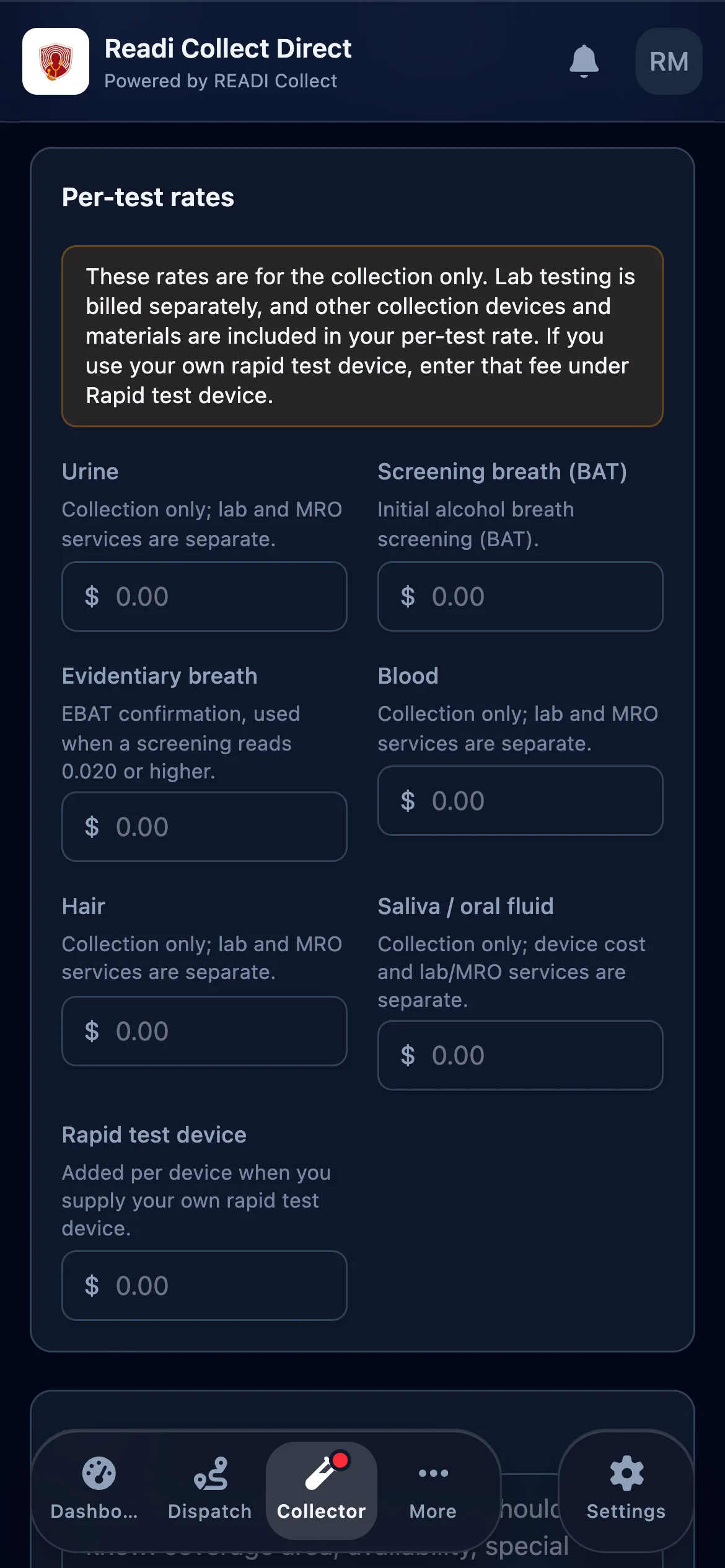 Enter a rate for each test you collect, then click Save