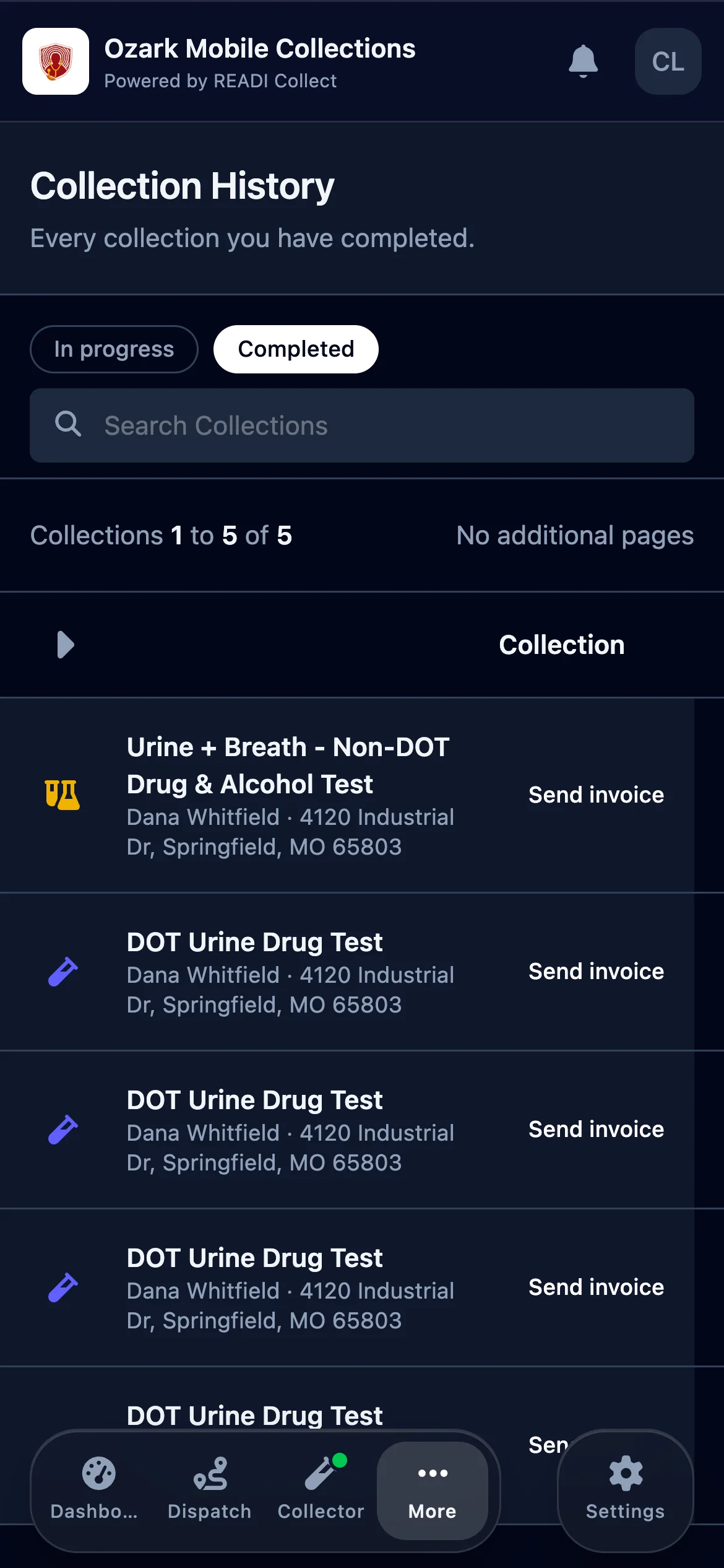 Open Collection History, click Completed, then Send invoice