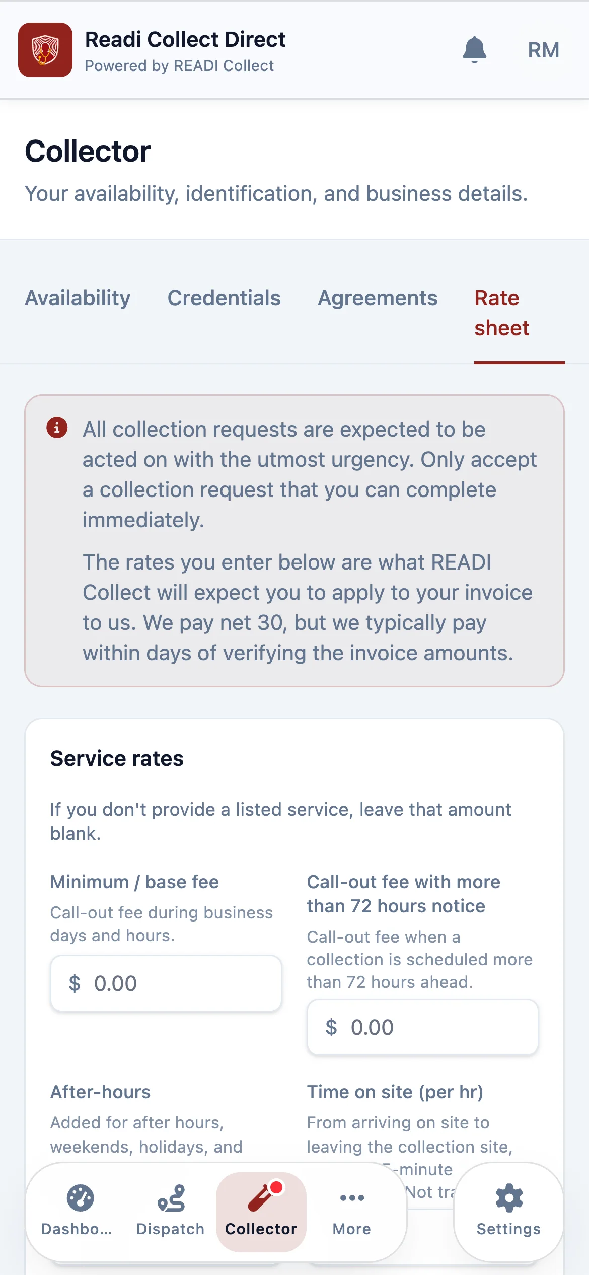 Read the two notes at the top, then fill in your service rates