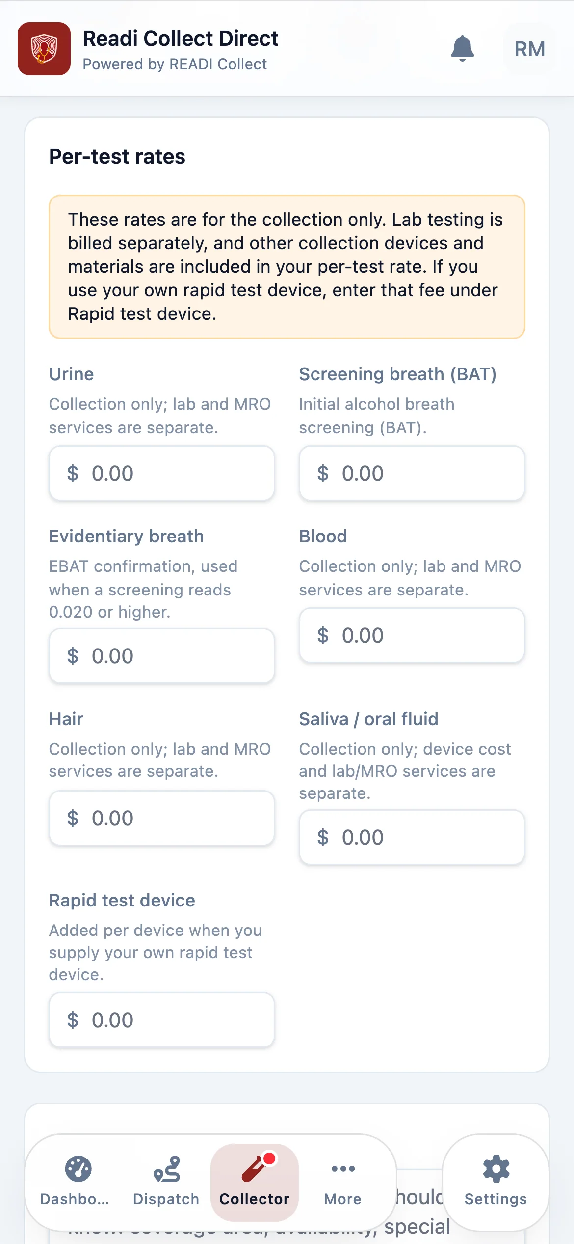 Enter a rate for each test you collect, then click Save