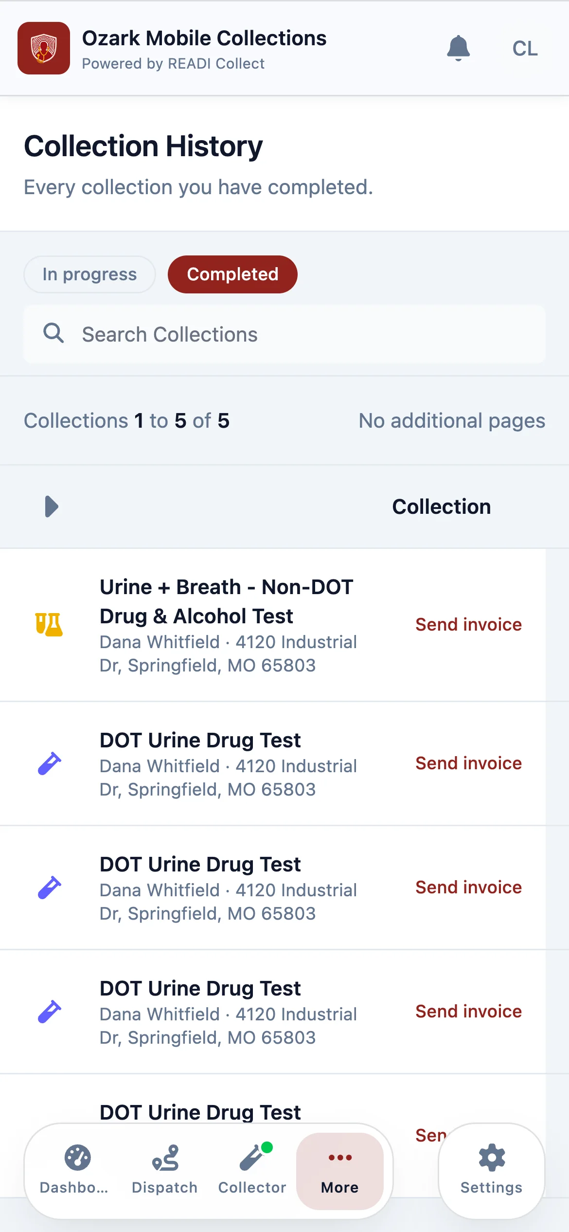 Open Collection History, click Completed, then Send invoice