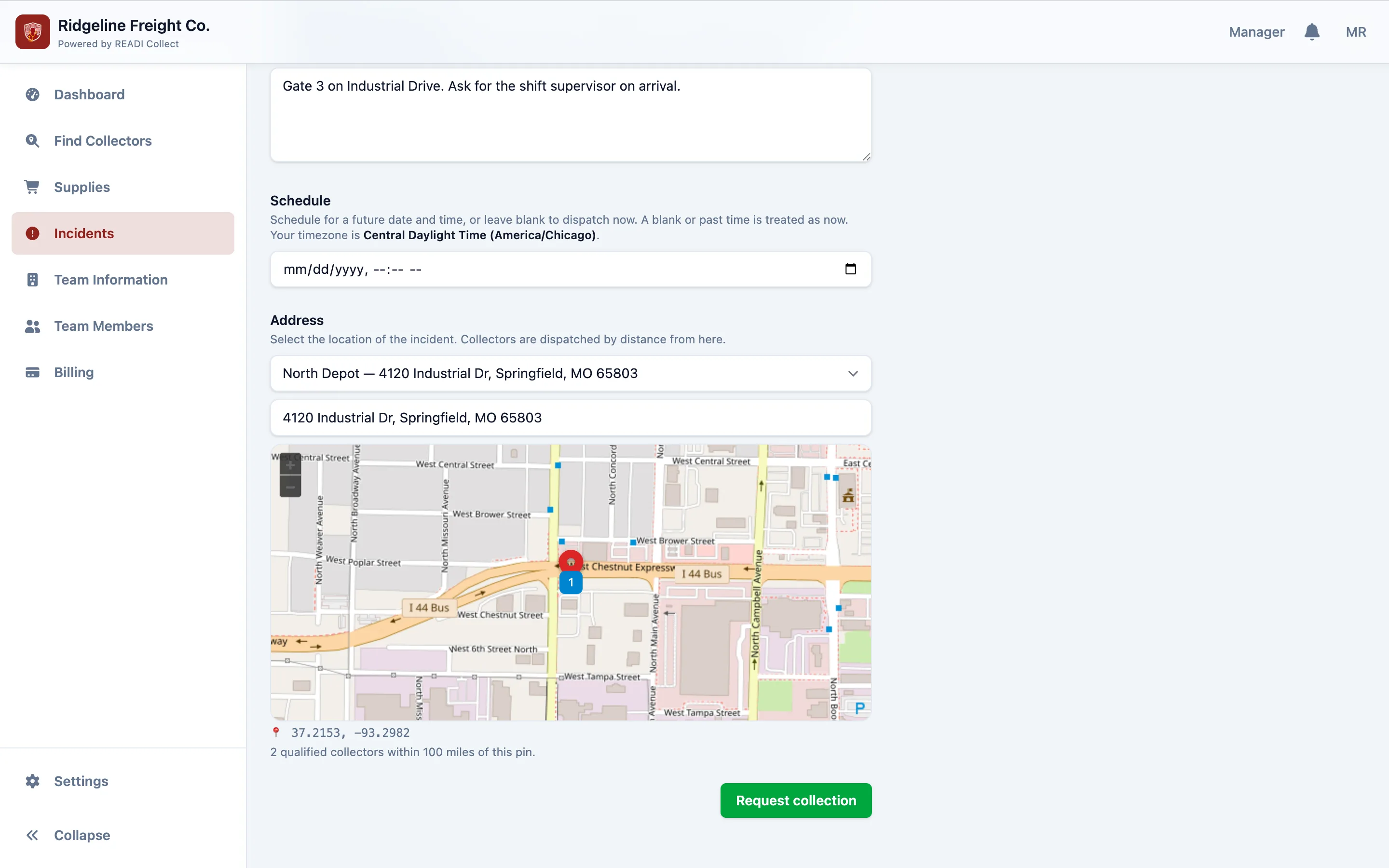 Set the location, then click Request collection