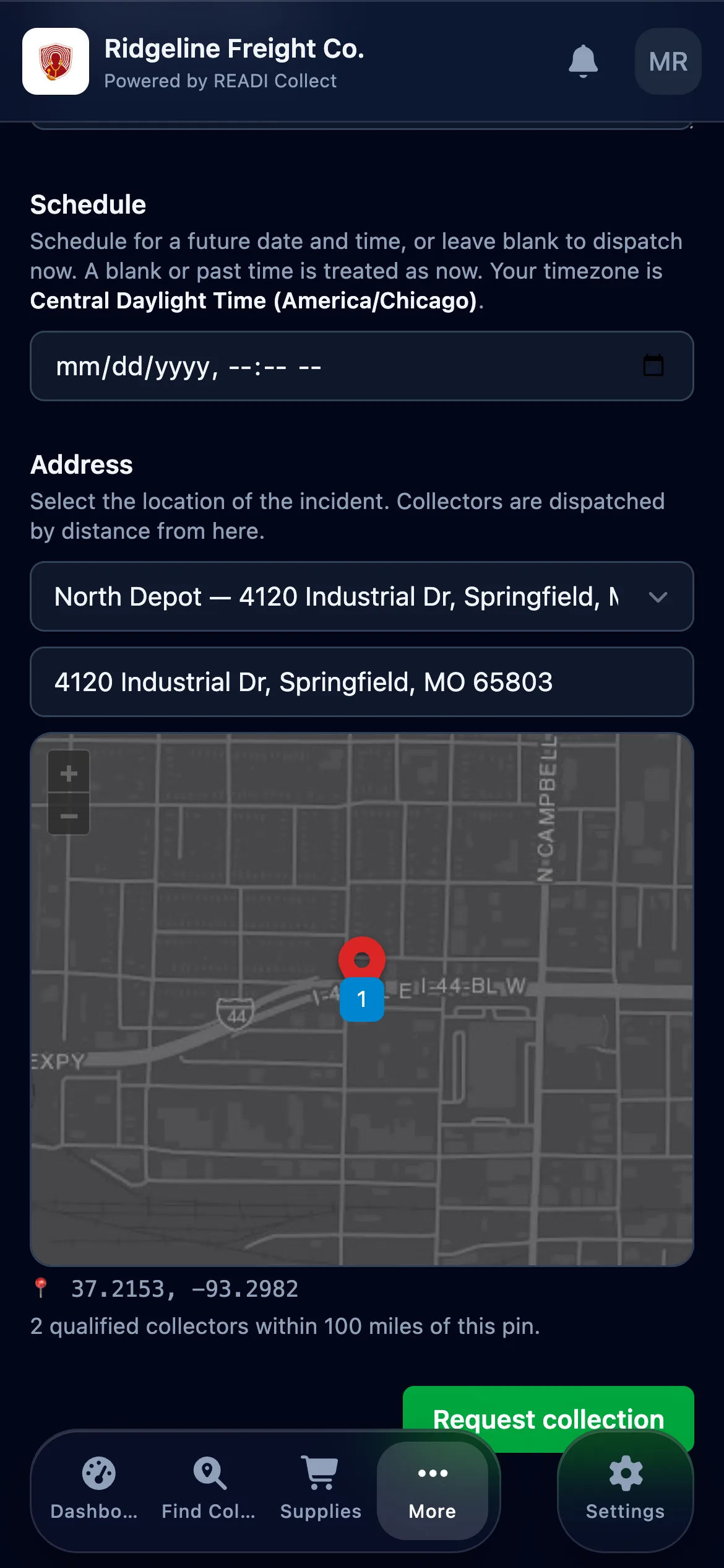Set the location, then click Request collection