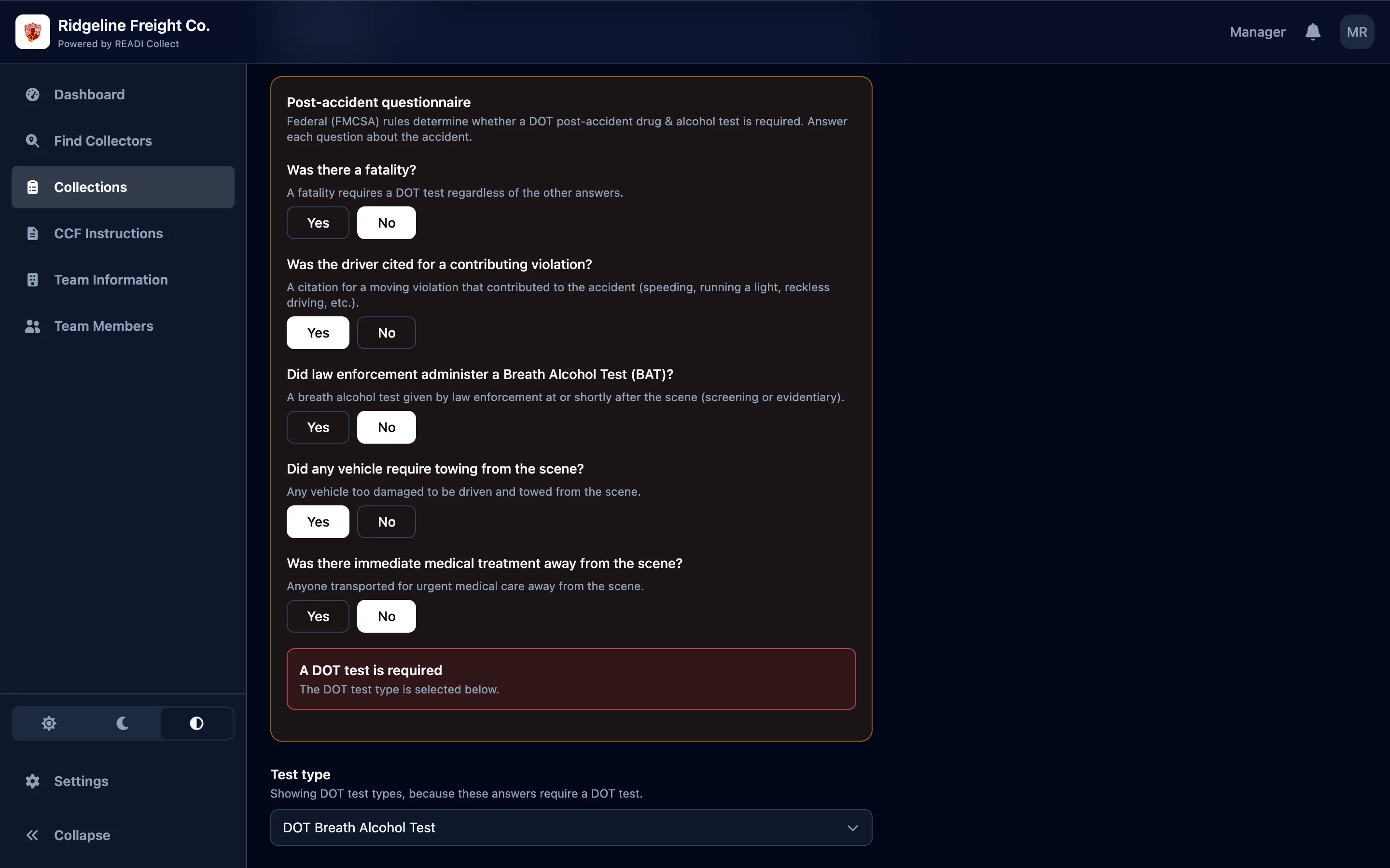 Choose Post-Accident, then answer all five questions