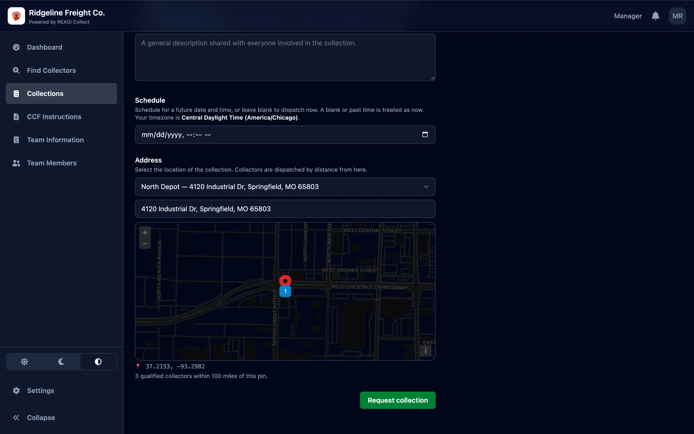 Set the location, then click Request collection