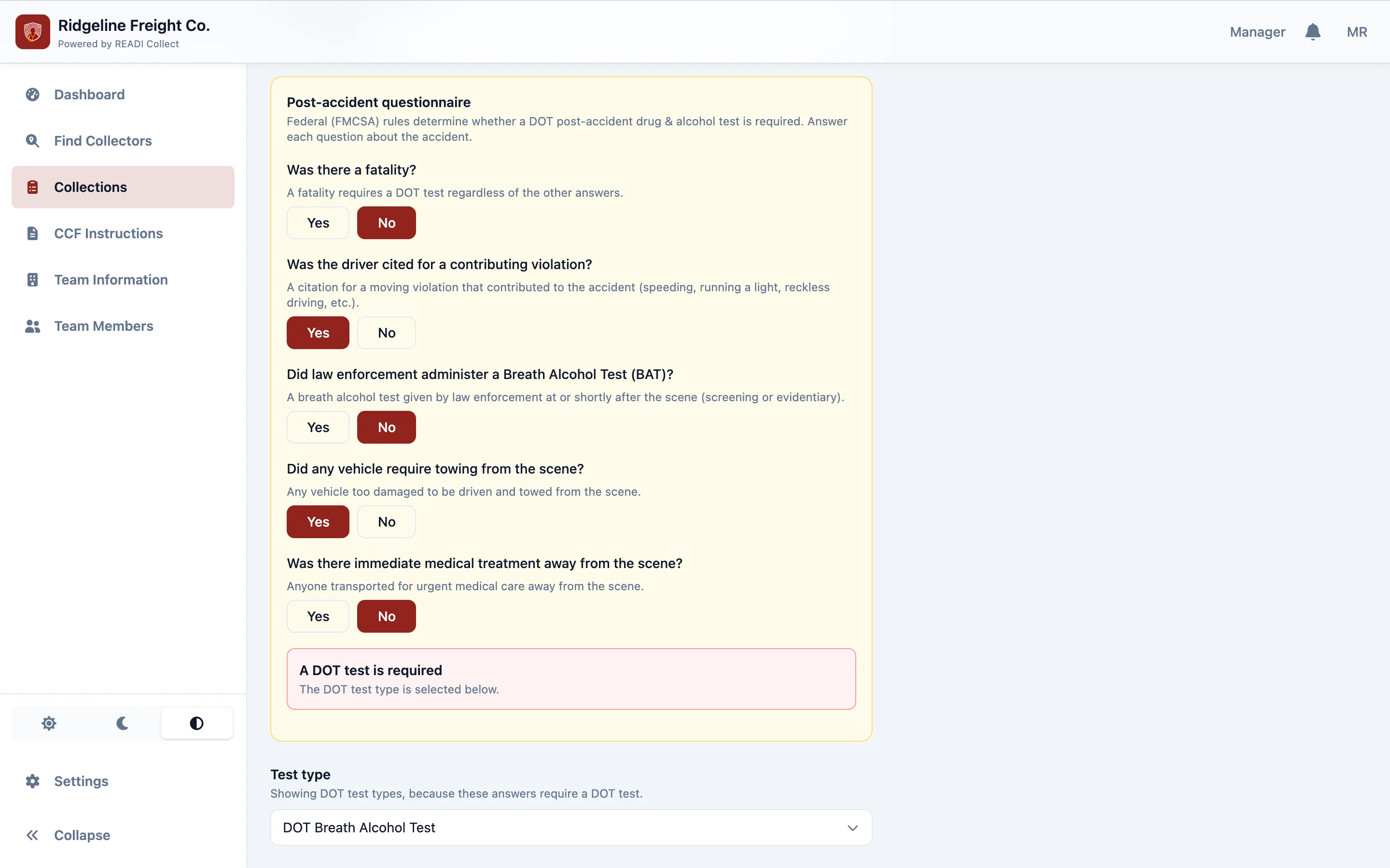 Choose Post-Accident, then answer all five questions