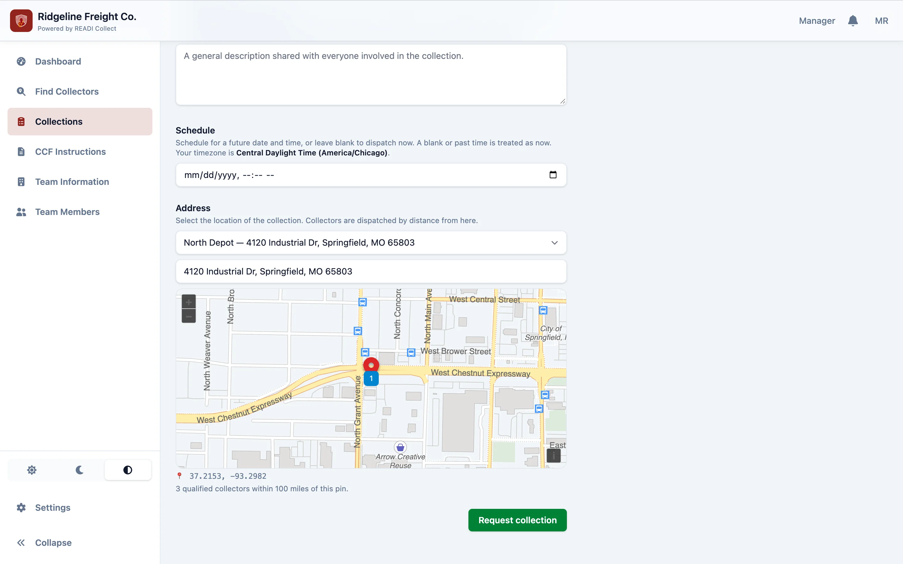 Set the location, then click Request collection