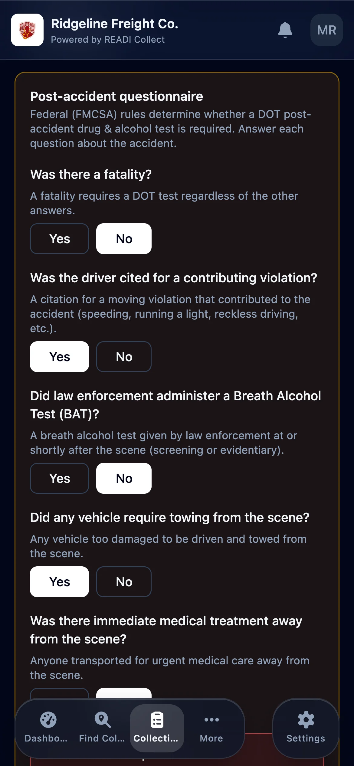 Choose Post-Accident, then answer all five questions
