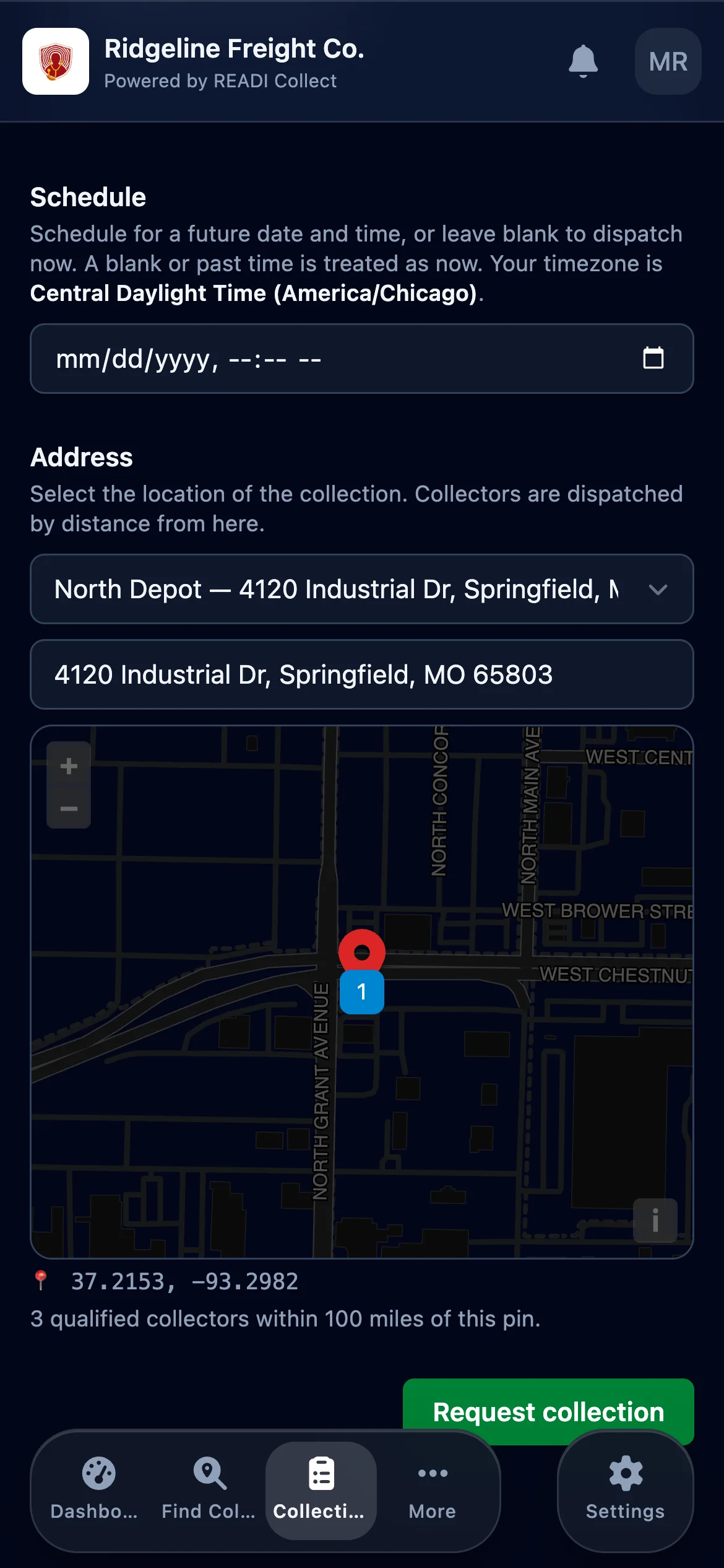 Set the location, then click Request collection
