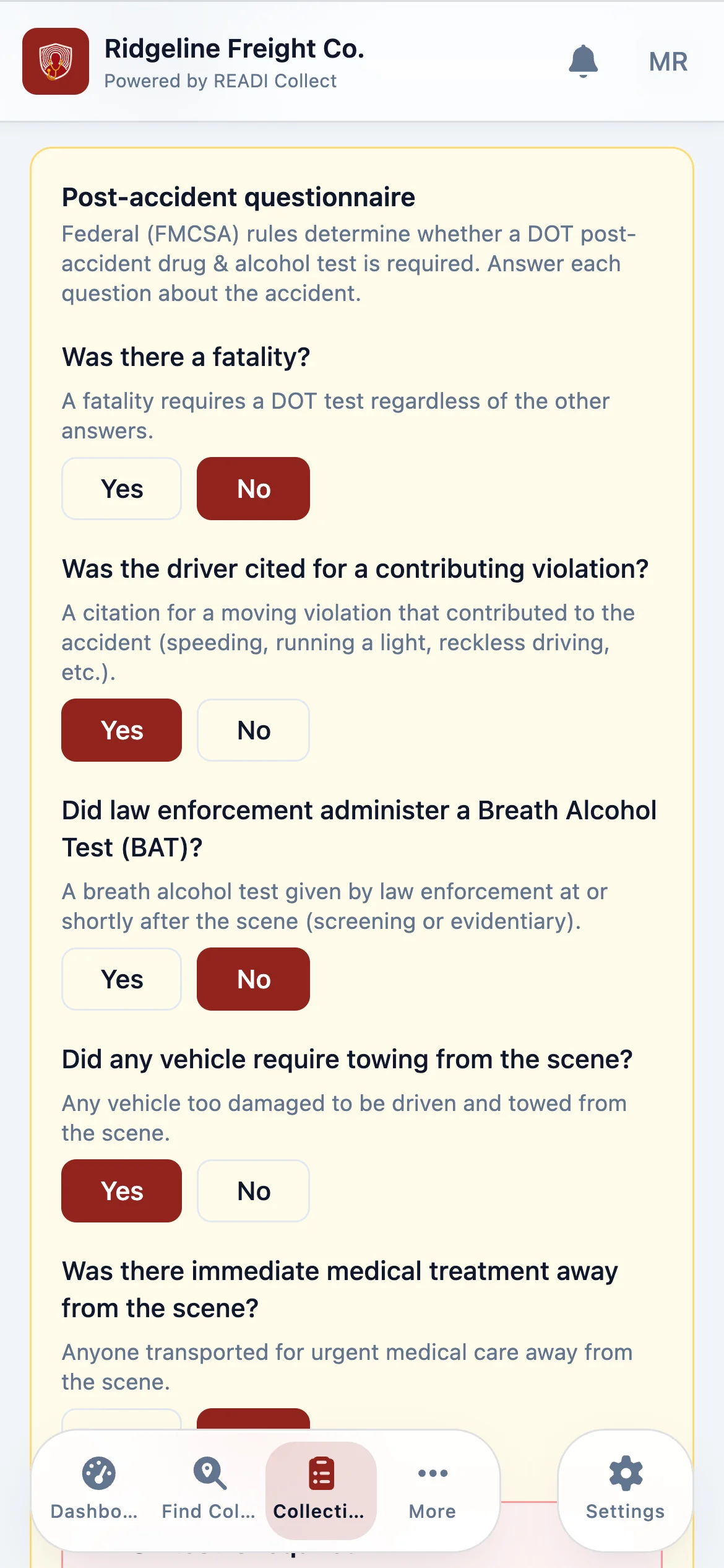 Choose Post-Accident, then answer all five questions