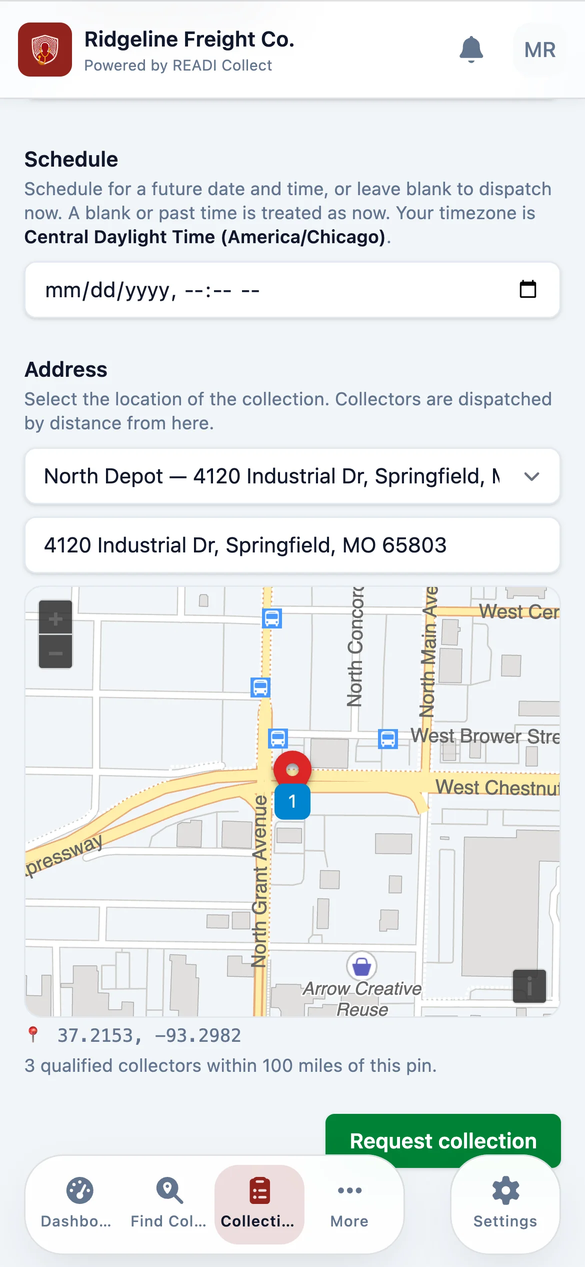 Set the location, then click Request collection