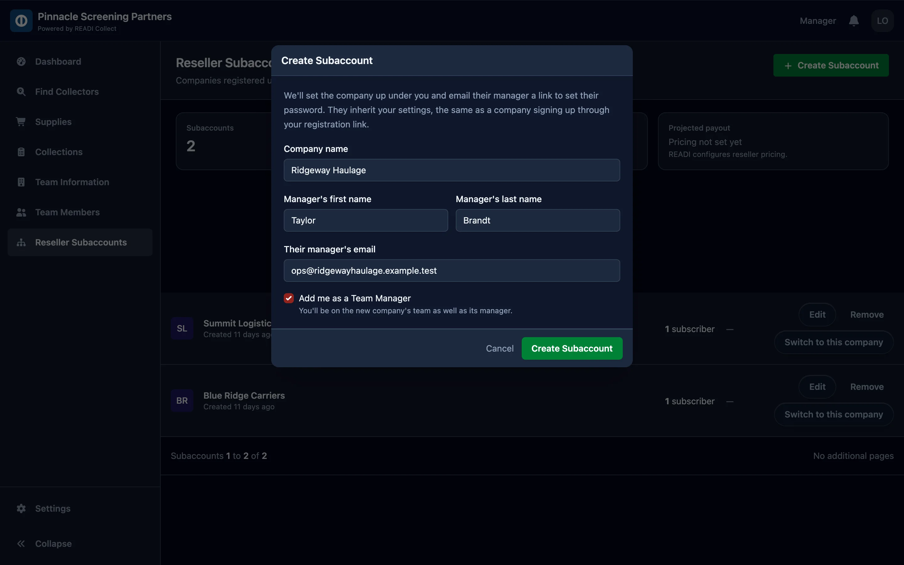 Enter the company and its manager, then click Create Subaccount
