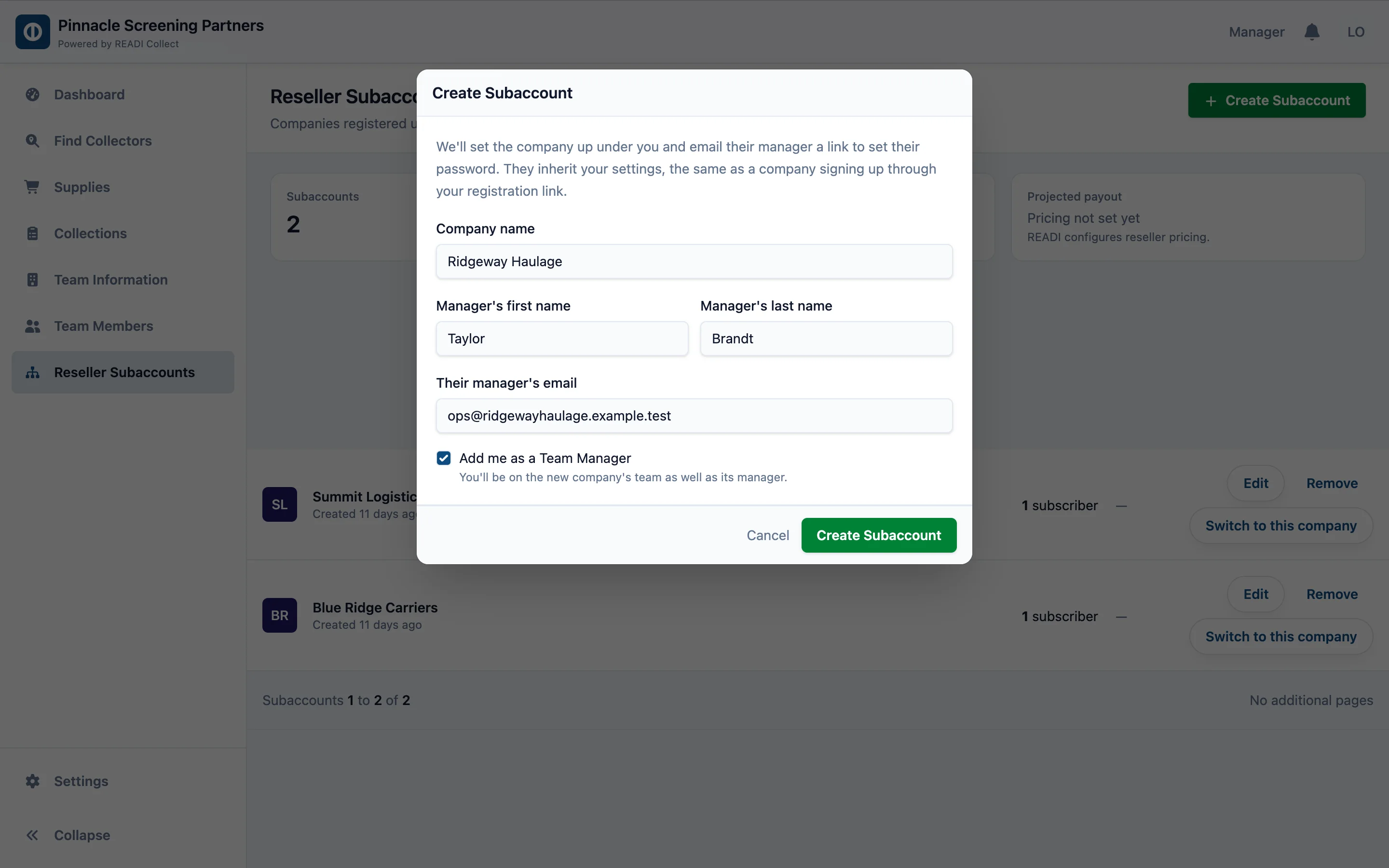 Enter the company and its manager, then click Create Subaccount