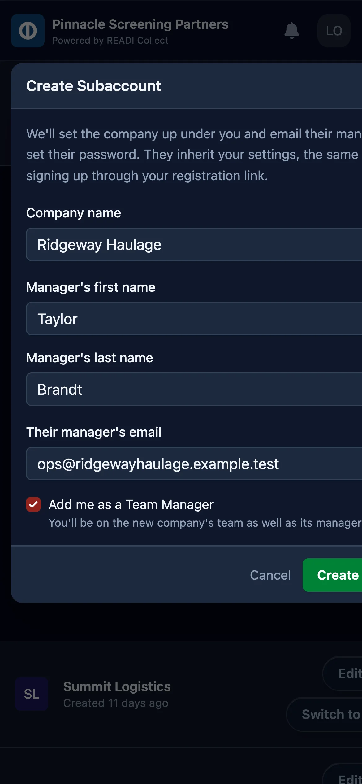Enter the company and its manager, then click Create Subaccount