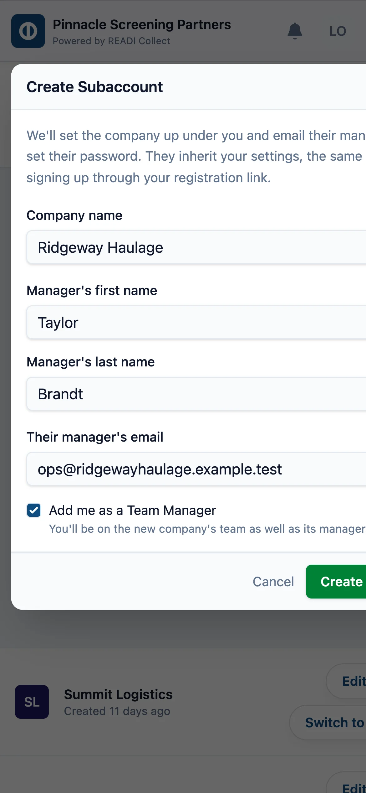 Enter the company and its manager, then click Create Subaccount
