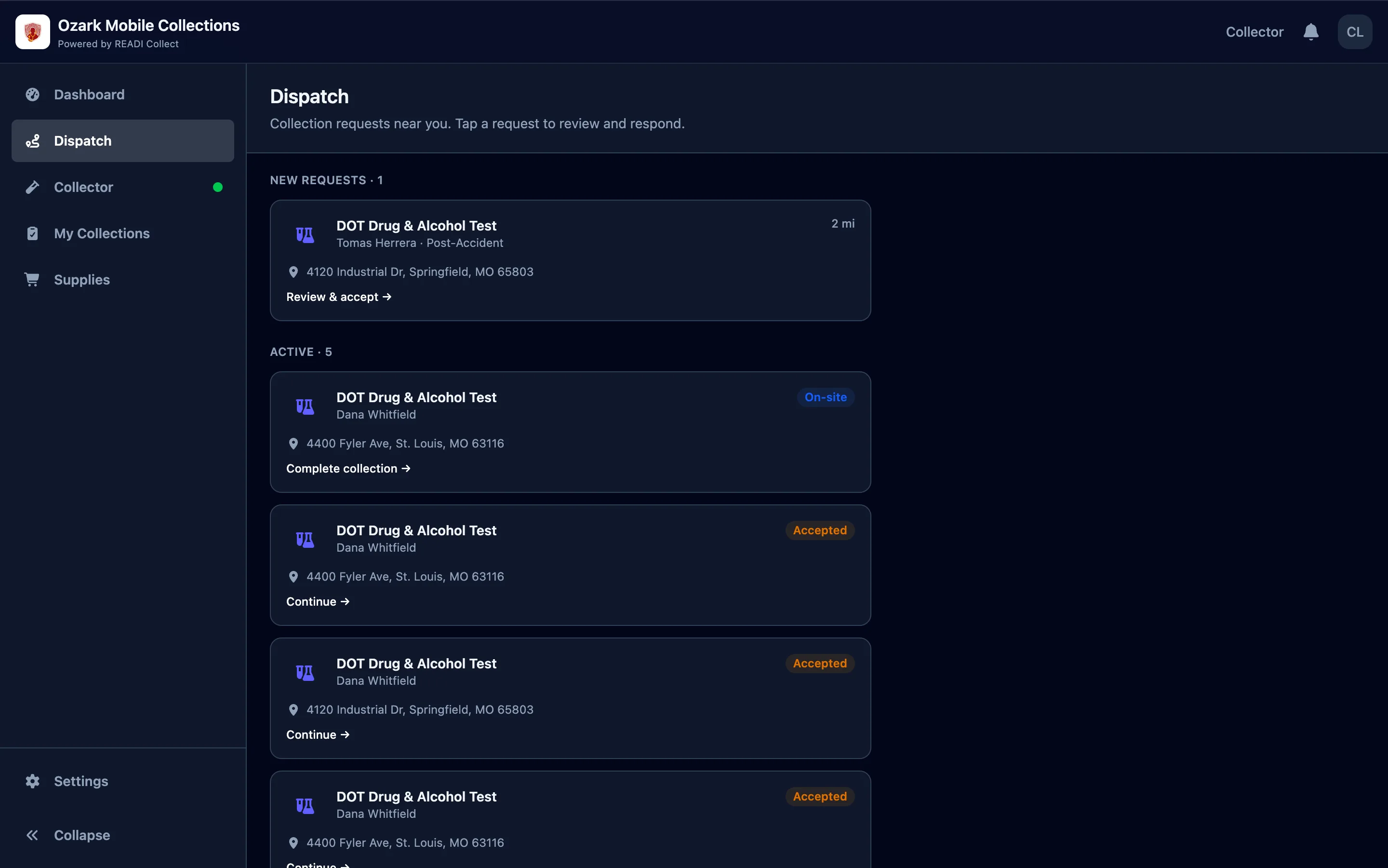 Click Dispatch, then a new request