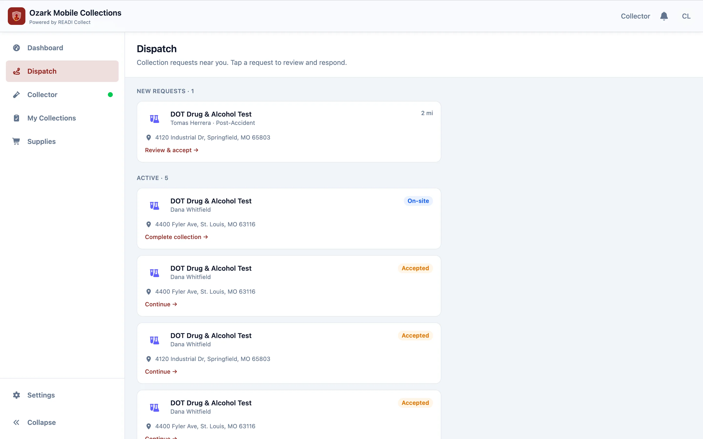 Click Dispatch, then a new request