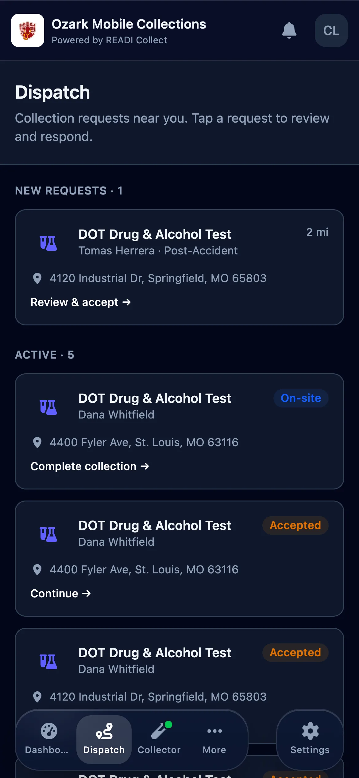 Click Dispatch, then a new request