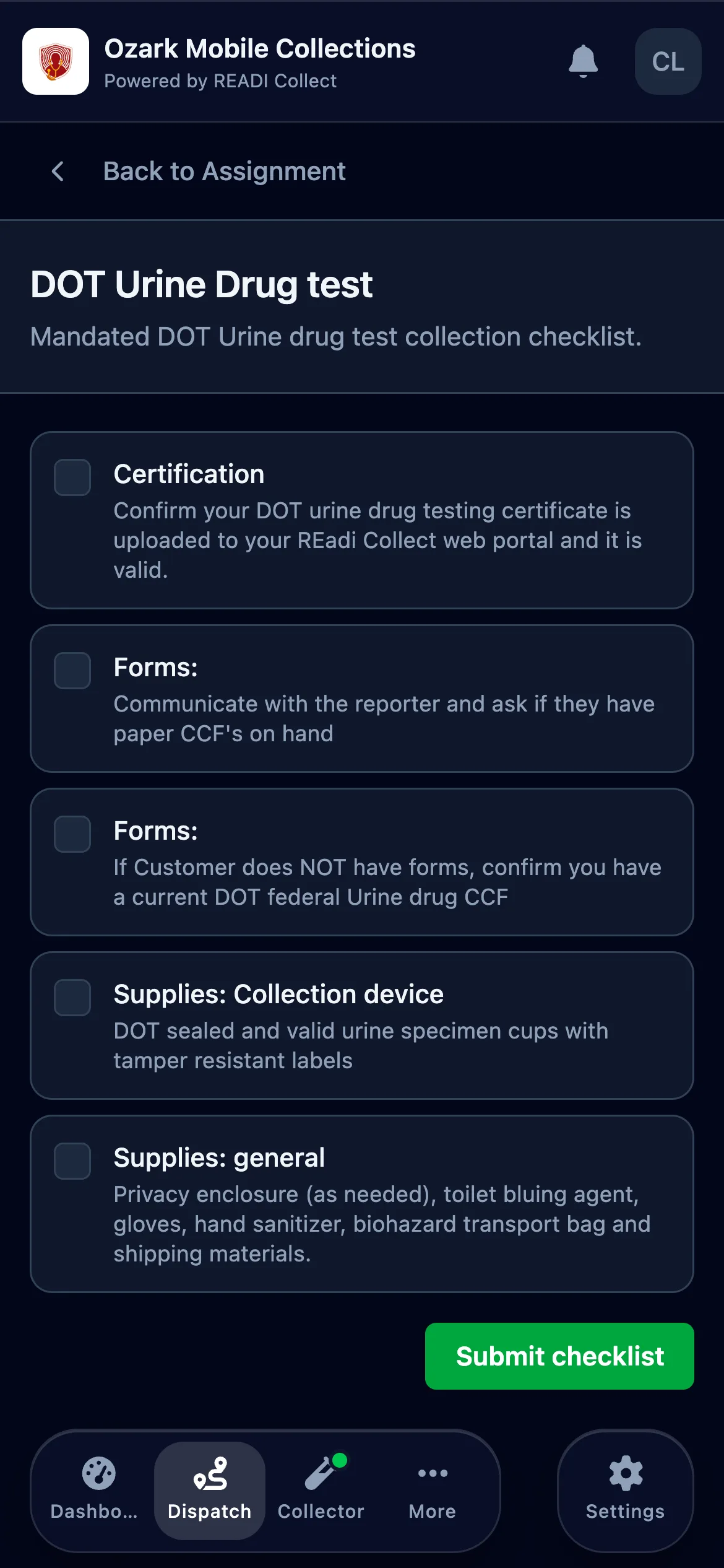 Work down the checklist and submit it