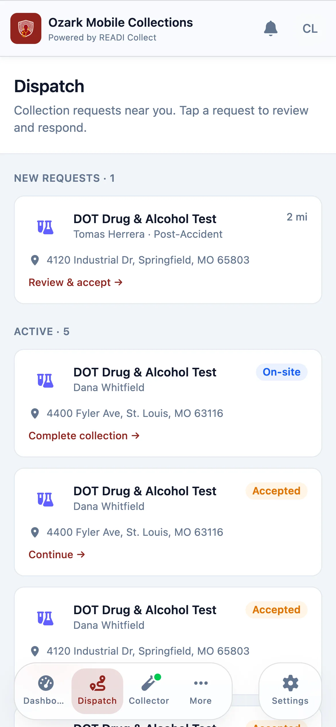 Click Dispatch, then a new request