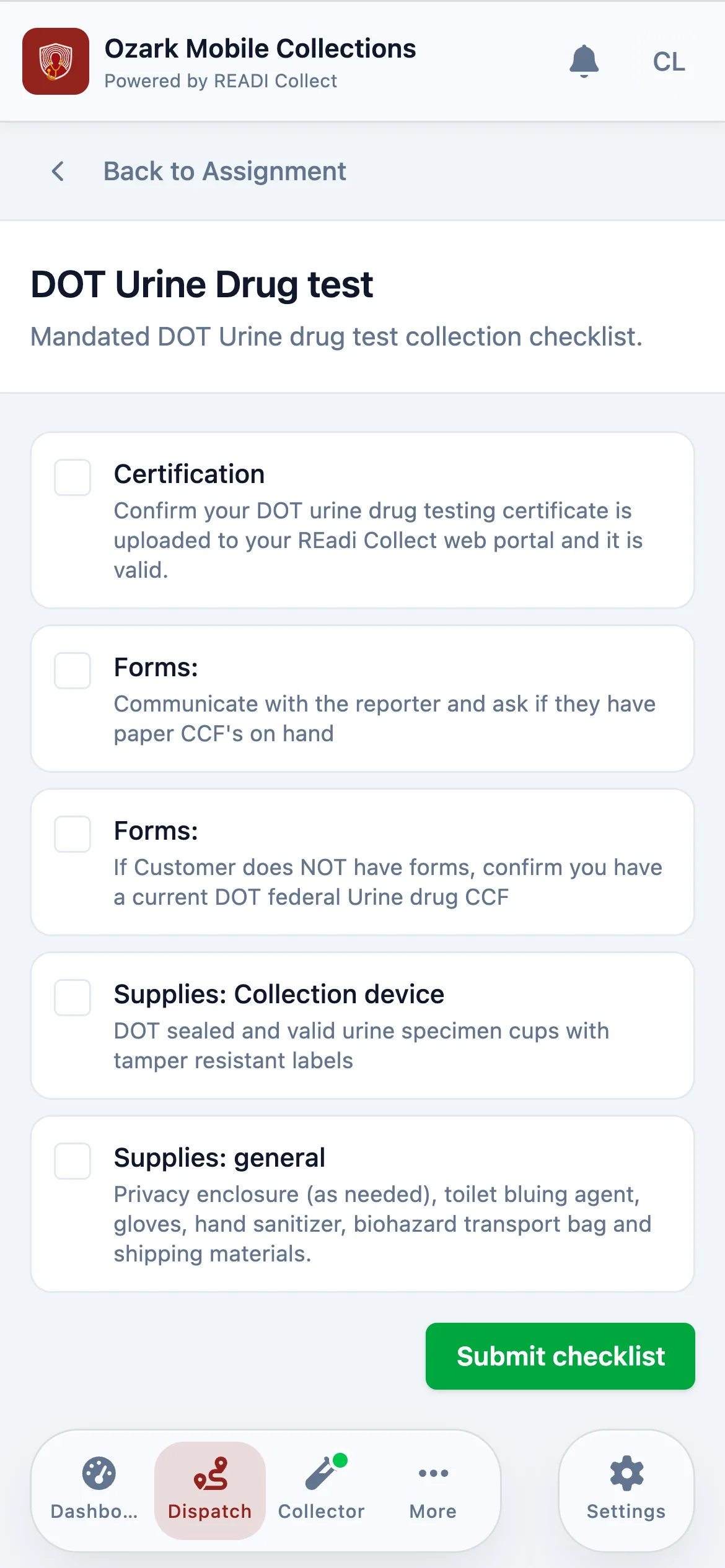 Work down the checklist and submit it