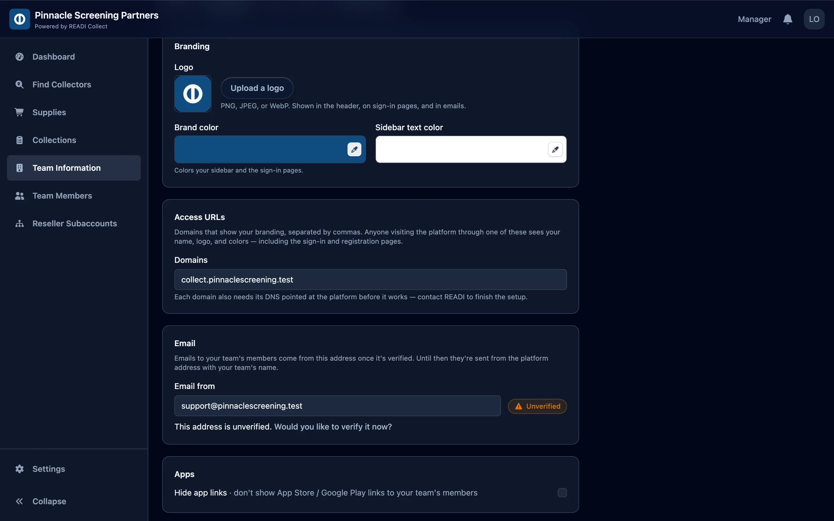 Add your web address and sender email, then choose whether to hide the app links