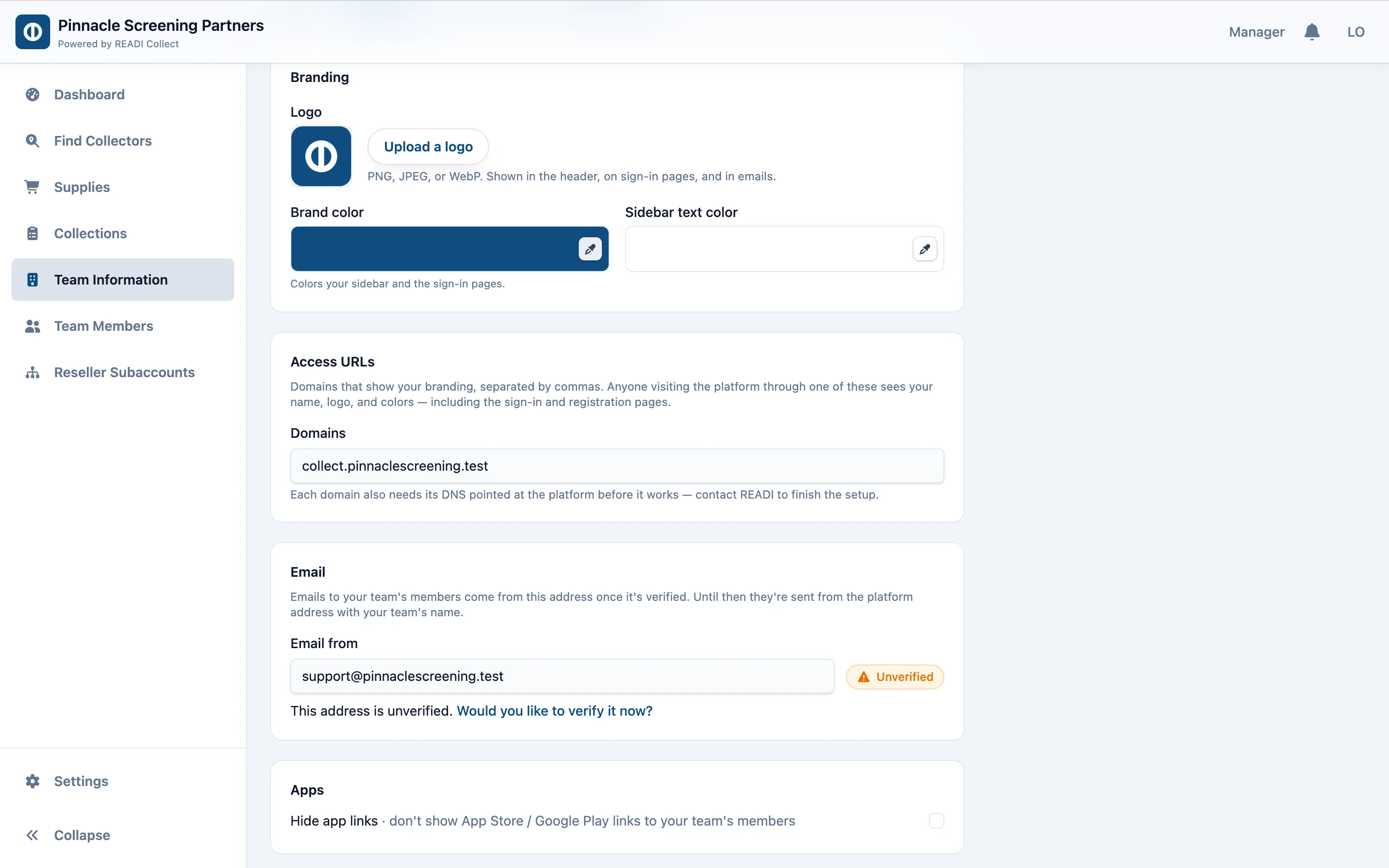 Add your web address and sender email, then choose whether to hide the app links