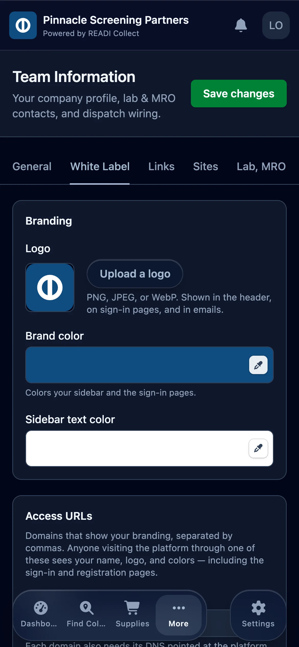 Upload a logo and pick your brand colour and sidebar text colour