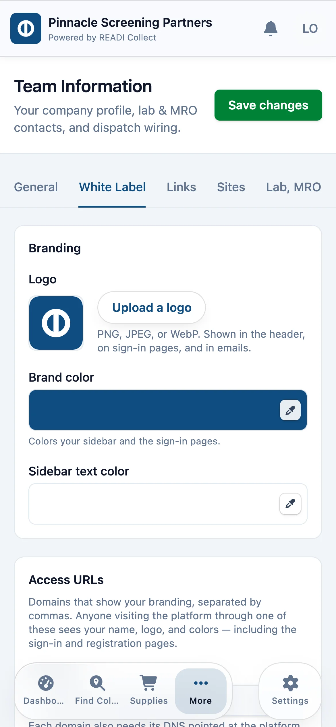 Upload a logo and pick your brand colour and sidebar text colour